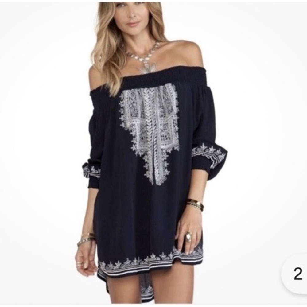 Tularosa Jacqueline Embroidered Off the Shoulder Tunic Dress Navy Women's Sz med